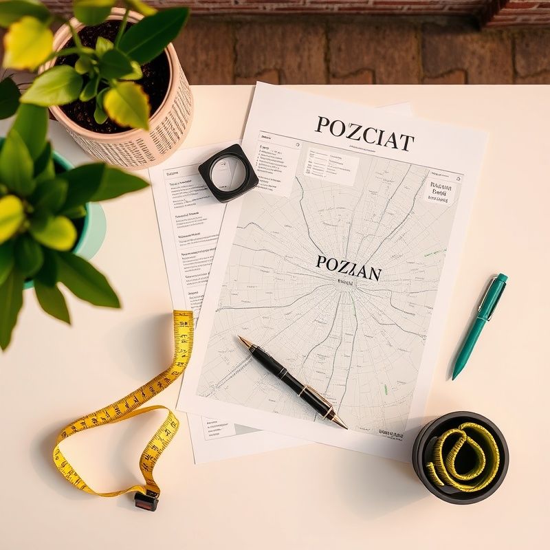 Dokumenty nieruchomości, miara i mapa Poznania na białym biurku